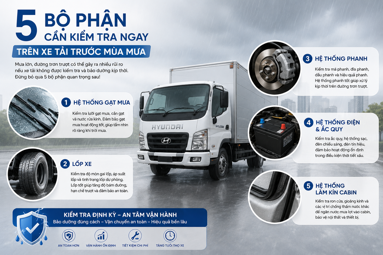 5 BỘ PHẬN CẦN KIỂM TRA NGAY TRÊN XE TẢI TRƯỚC MÙA MƯA